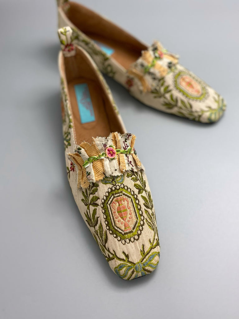 Pale blue and creamy blush silk brocade pointed toe Regency dancing slippers. Bohemian shoes created from antique textiles by Pavilion Parade