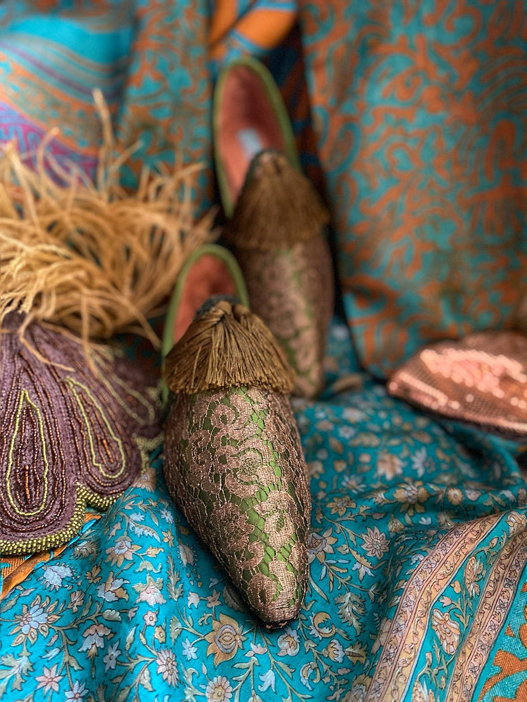 Bronze gold antique lace and absinthe green silk pointed toe shoes with silk tassels by Pavilion Parade