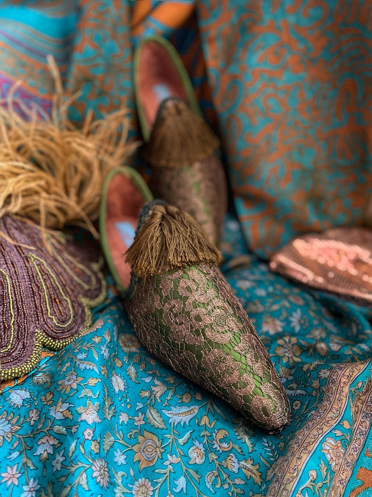 Bronze gold antique lace and absinthe green silk pointed toe shoes with silk tassels by Pavilion Parade
