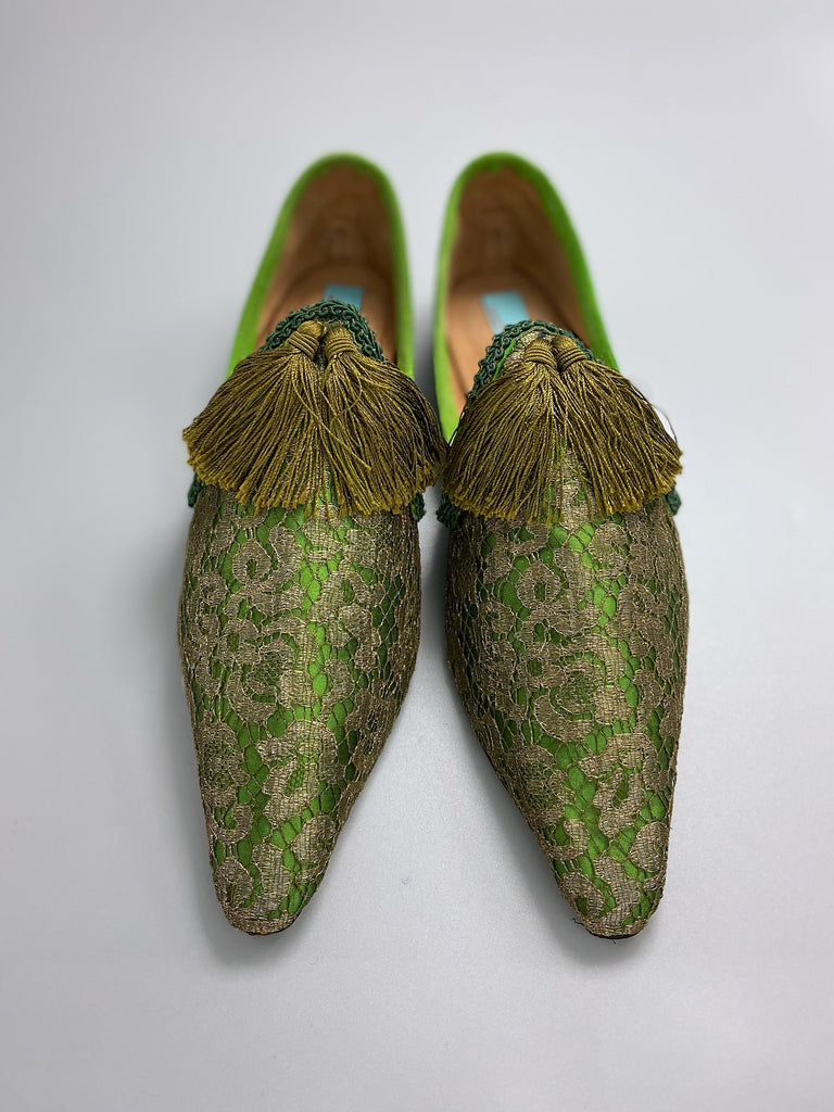 Bronze gold antique lace and absinthe green silk pointed toe shoes with silk tassels by Pavilion Parade