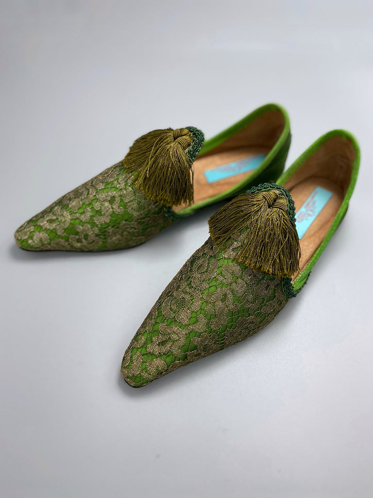Bronze gold antique lace and absinthe green silk pointed toe shoes with silk tassels by Pavilion Parade