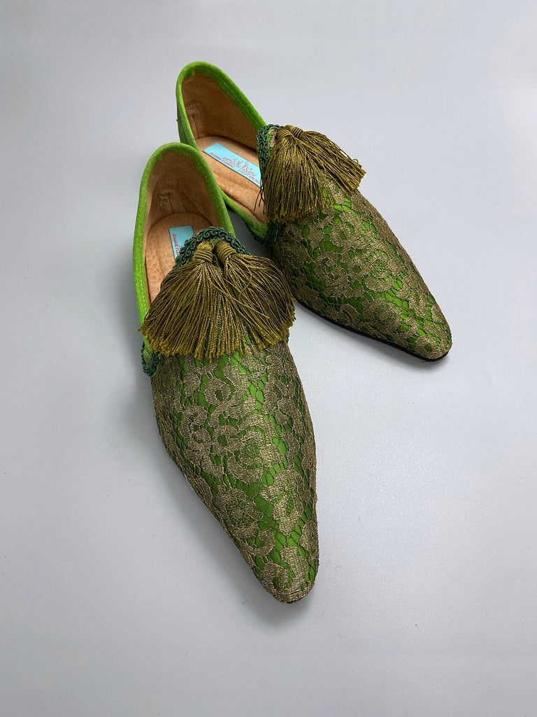 Bronze gold antique lace and absinthe green silk pointed toe shoes with silk tassels by Pavilion Parade