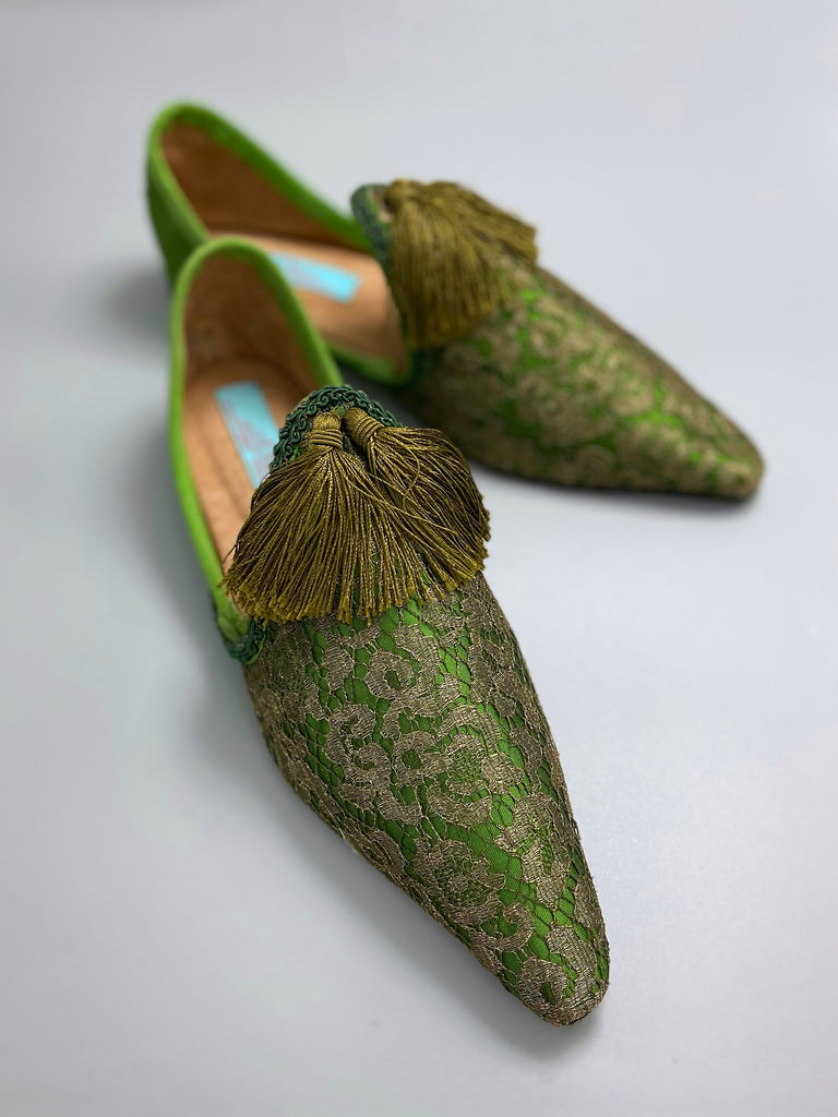 Bronze gold antique lace and absinthe green silk pointed toe shoes with silk tassels by Pavilion Parade