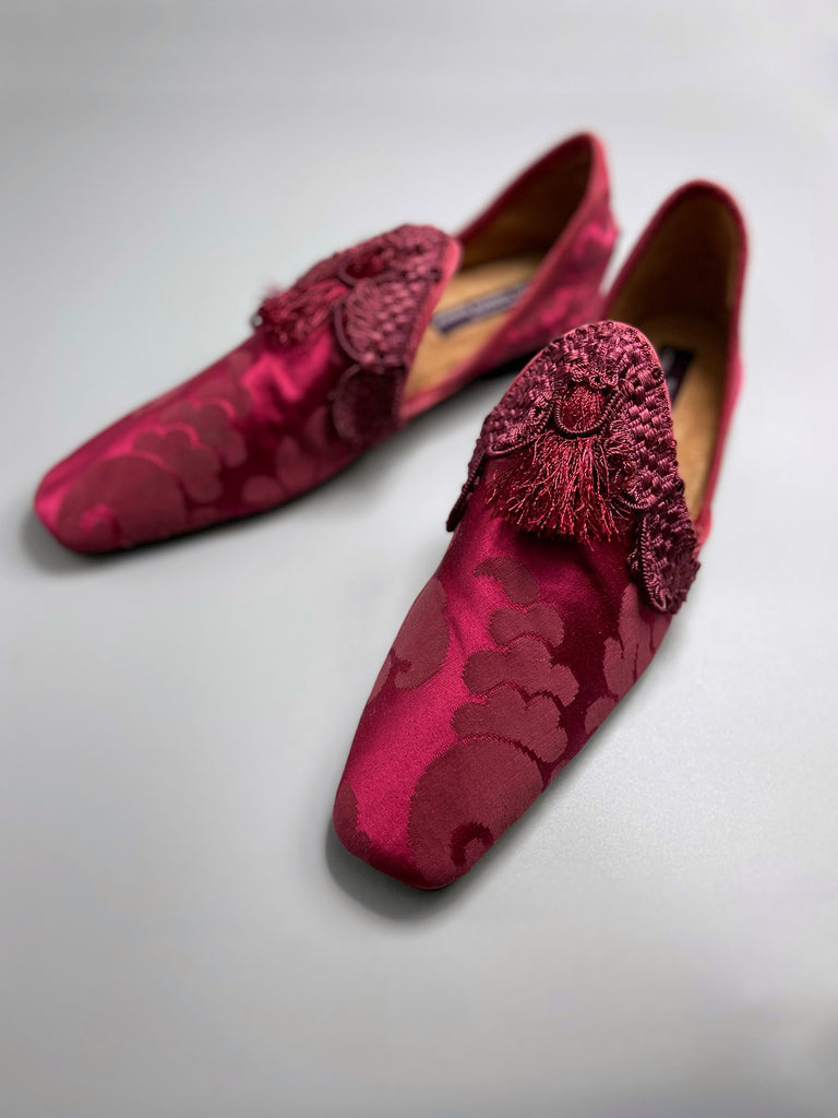 Mercutio antique raspberry silk damask bohemian shoeby Pavilion Parade from Joanne Fleming Designs 