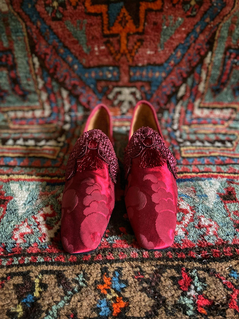 Mercutio antique raspberry silk damask bohemian shoeby Pavilion Parade from Joanne Fleming Designs 