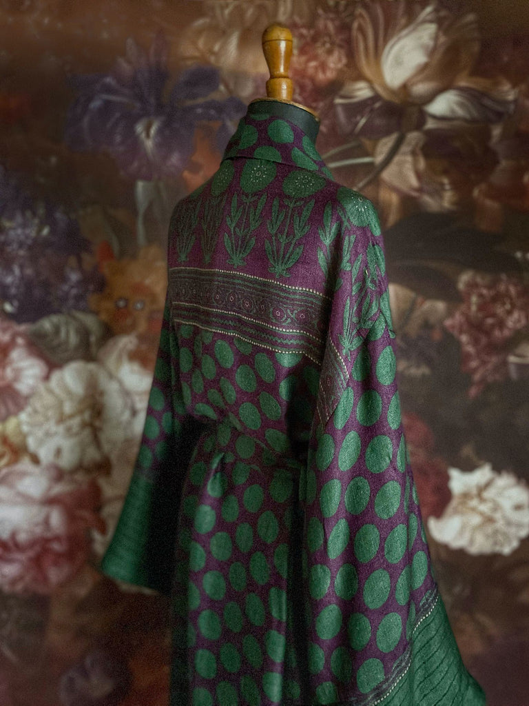 Aubergine and bottle green spotted silk-lined wool long dressing robe or duster. Deep pockets, wides sleeves, and tassel sash belt. Bohemian luxury sustainably created from antique and vintage textiles by Pavilion Parade