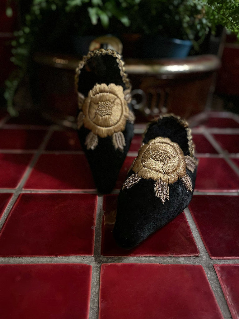 Black silk velvet and antique gold embroidered embellished textile bohemian flat shoes from Pavilion Parade Recherché Collection by Joanne Fleming Design