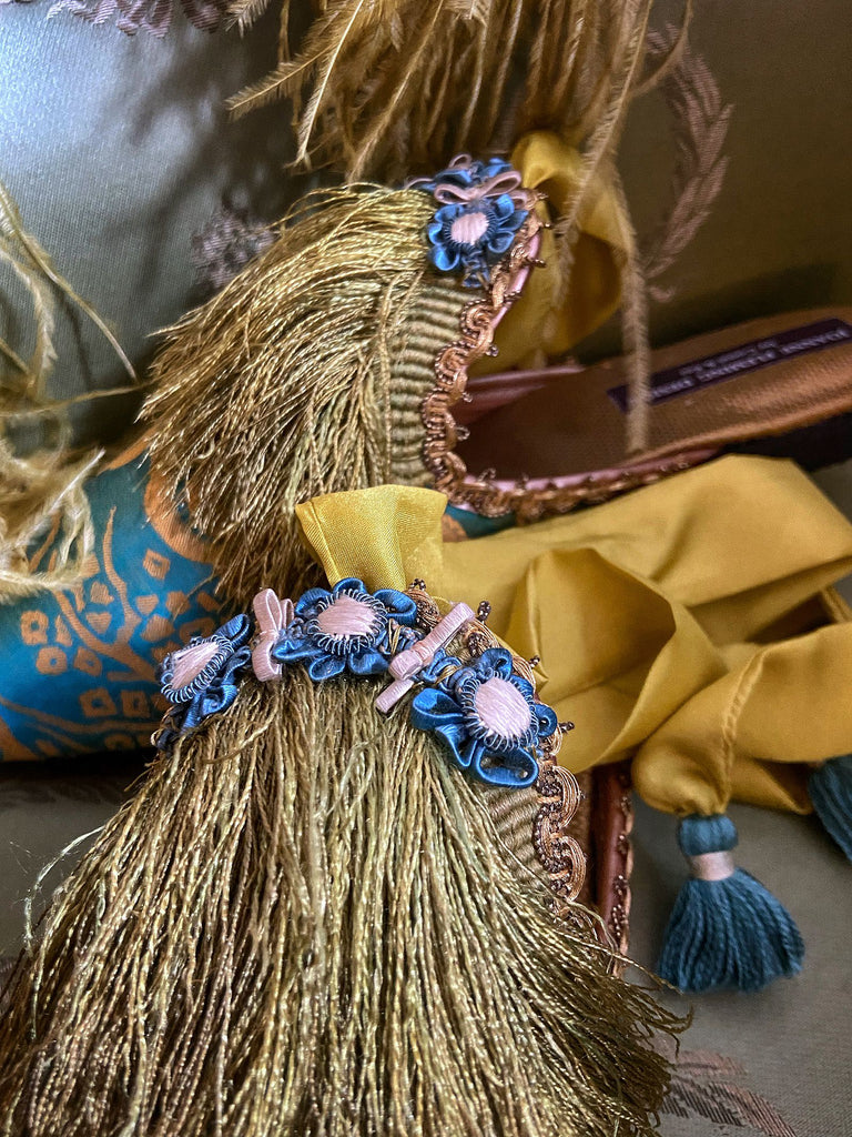 Belle Epoque antique silk in the Japanese style is used to create pointed toe bohemian shoes with tassels and silk ankle ties. Teal blue and gold palette.