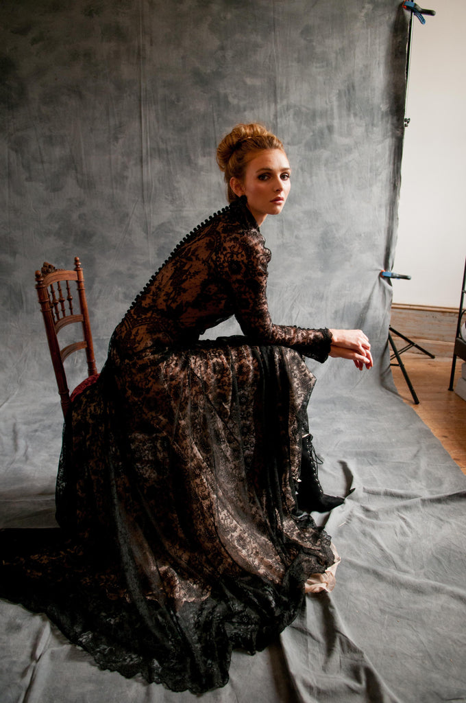 Black antique lace dramatic evening gown created from antique silk Chantilly lace. A Flight of Fancy from Pavilion Parade. Photo by Bruce Smith