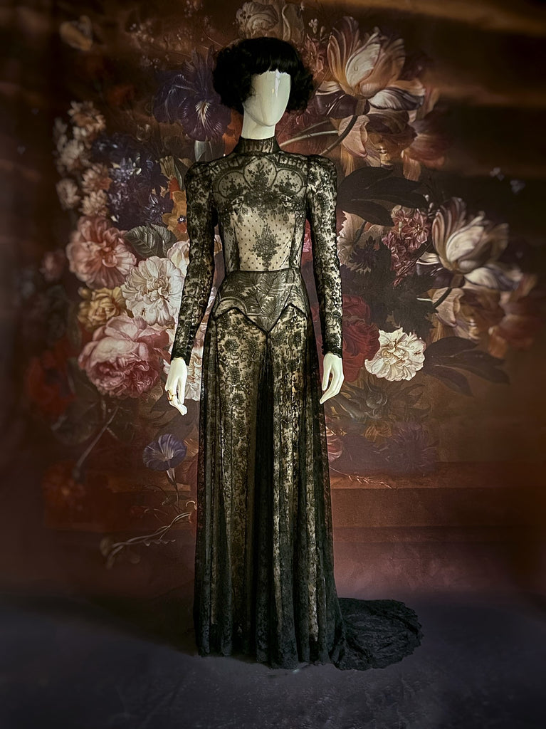 Black antique lace dramatic evening gown created from antique silk Chantilly lace. A Flight of Fancy from Pavilion Parade