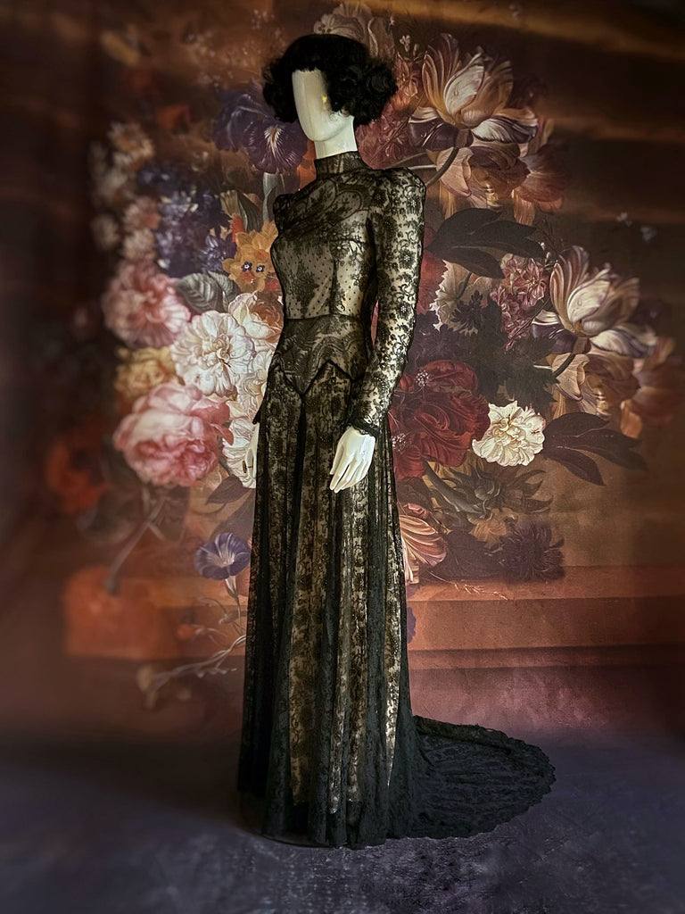 Black antique lace dramatic evening gown created from antique silk Chantilly lace. A Flight of Fancy from Pavilion Parade