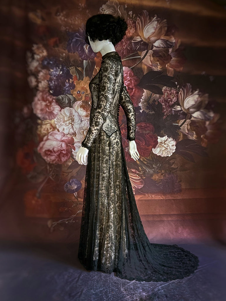 Black antique lace dramatic evening gown created from antique silk Chantilly lace. A Flight of Fancy from Pavilion Parade