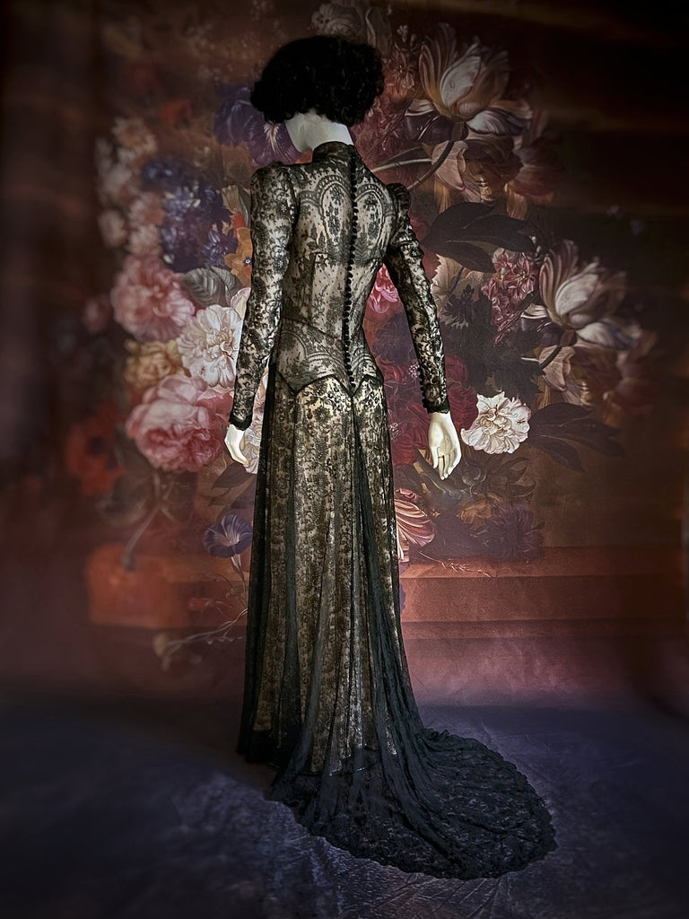 Black antique lace dramatic evening gown created from antique silk Chantilly lace. A Flight of Fancy from Pavilion Parade