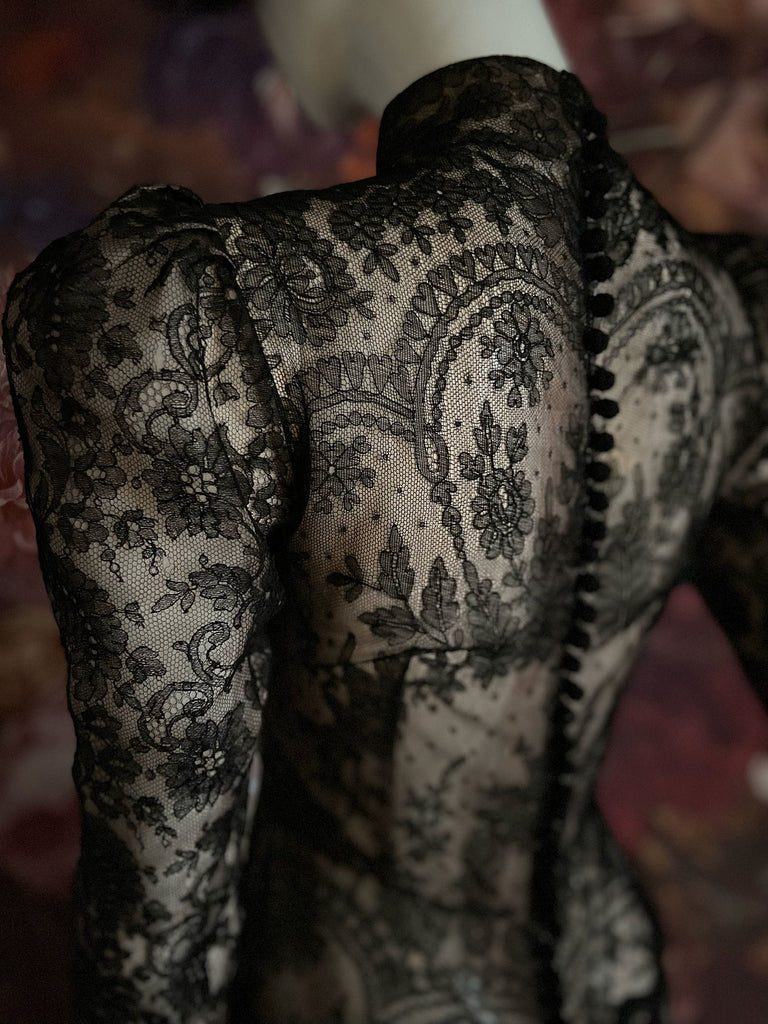 Black antique lace dramatic evening gown created from antique silk Chantilly lace. A Flight of Fancy from Pavilion Parade