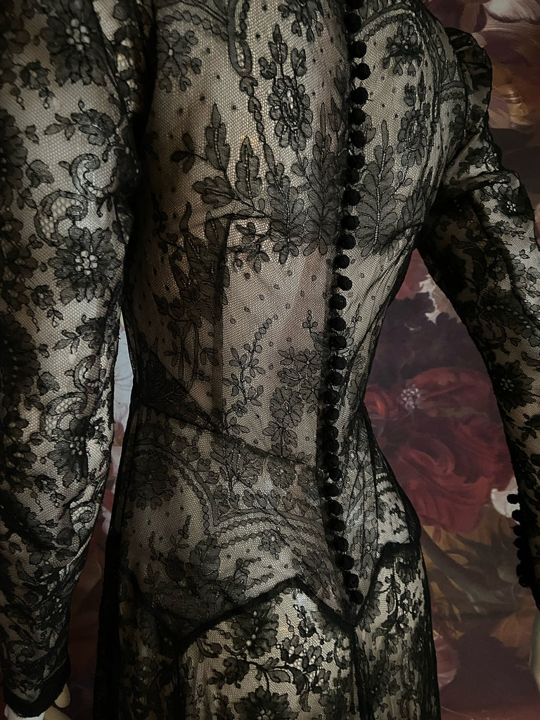 Black antique lace dramatic evening gown created from antique silk Chantilly lace. A Flight of Fancy from Pavilion Parade