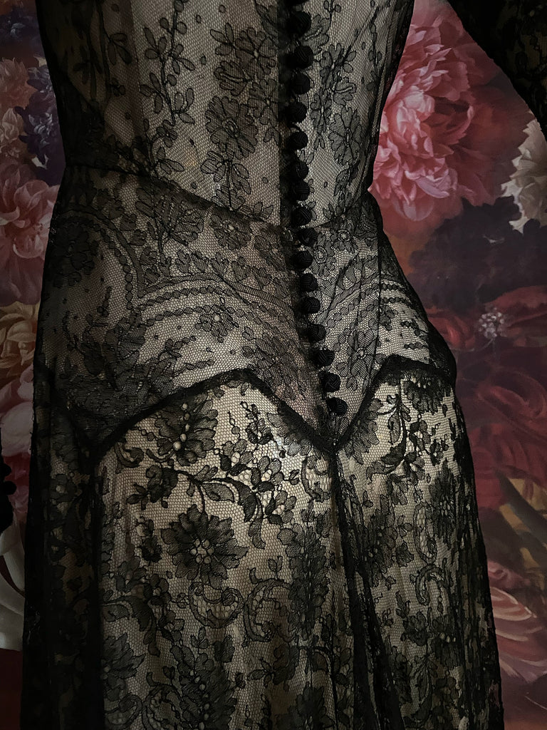 Black antique lace dramatic evening gown created from antique silk Chantilly lace. A Flight of Fancy from Pavilion Parade