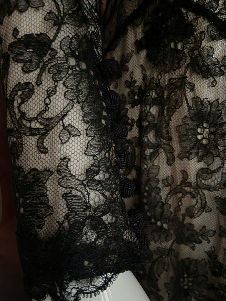 Black antique lace dramatic evening gown created from antique silk Chantilly lace. A Flight of Fancy from Pavilion Parade