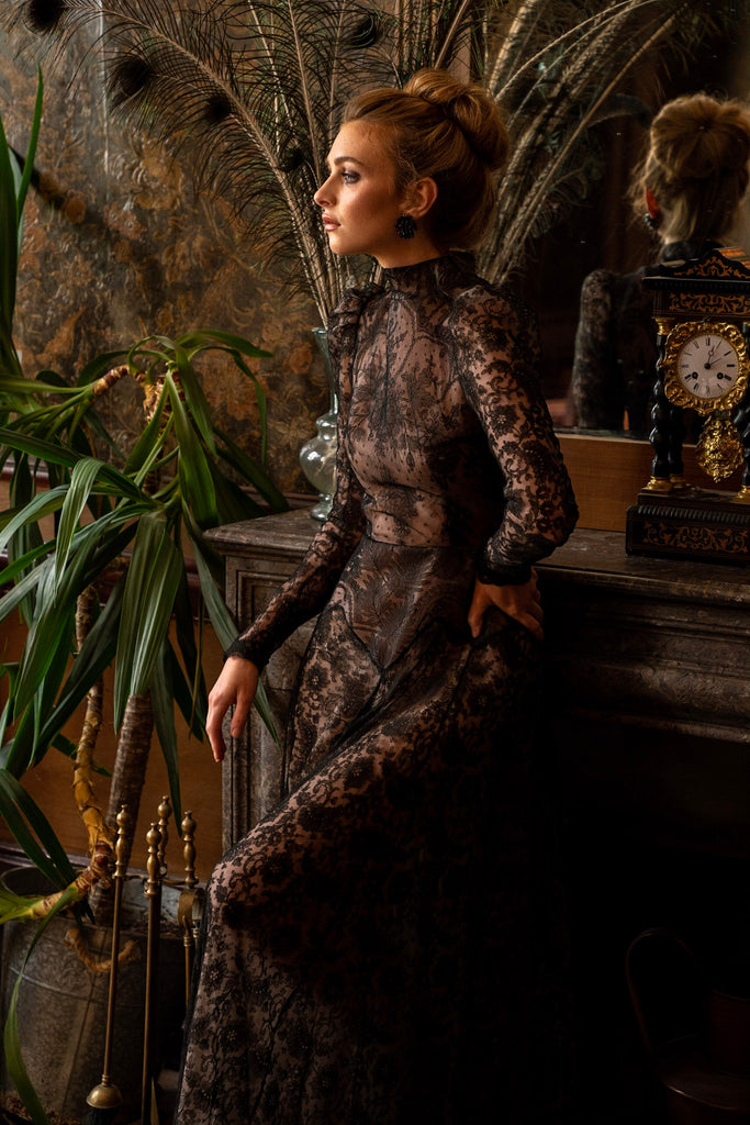 Black antique lace dramatic evening gown created from antique silk Chantilly lace. A Flight of Fancy from Pavilion Parade. Photo by Alex Houston