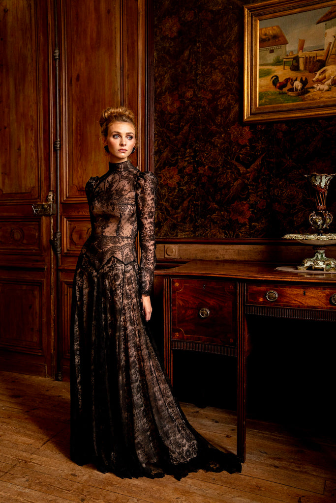 Black antique lace dramatic evening gown created from antique silk Chantilly lace. A Flight of Fancy from Pavilion Parade. Photo by Alex Houston