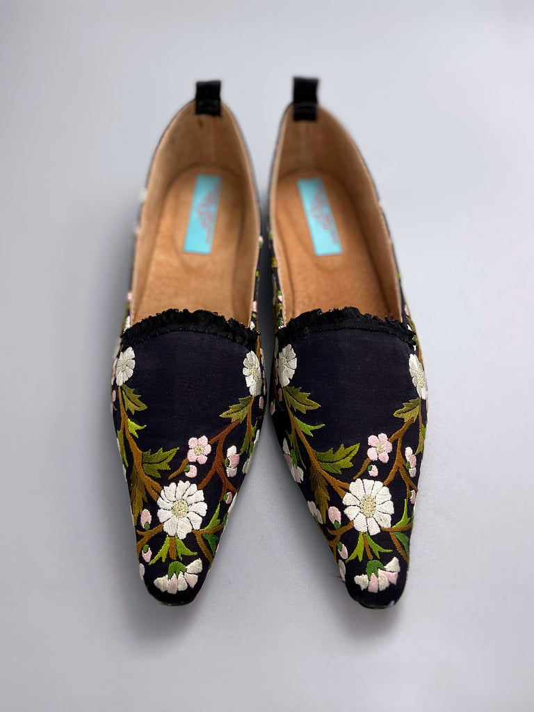 Embroidered daisy black silk satin pointed toe Regency dancing slippers. Bohemian shoes created from antique textiles by Pavilion Parade
