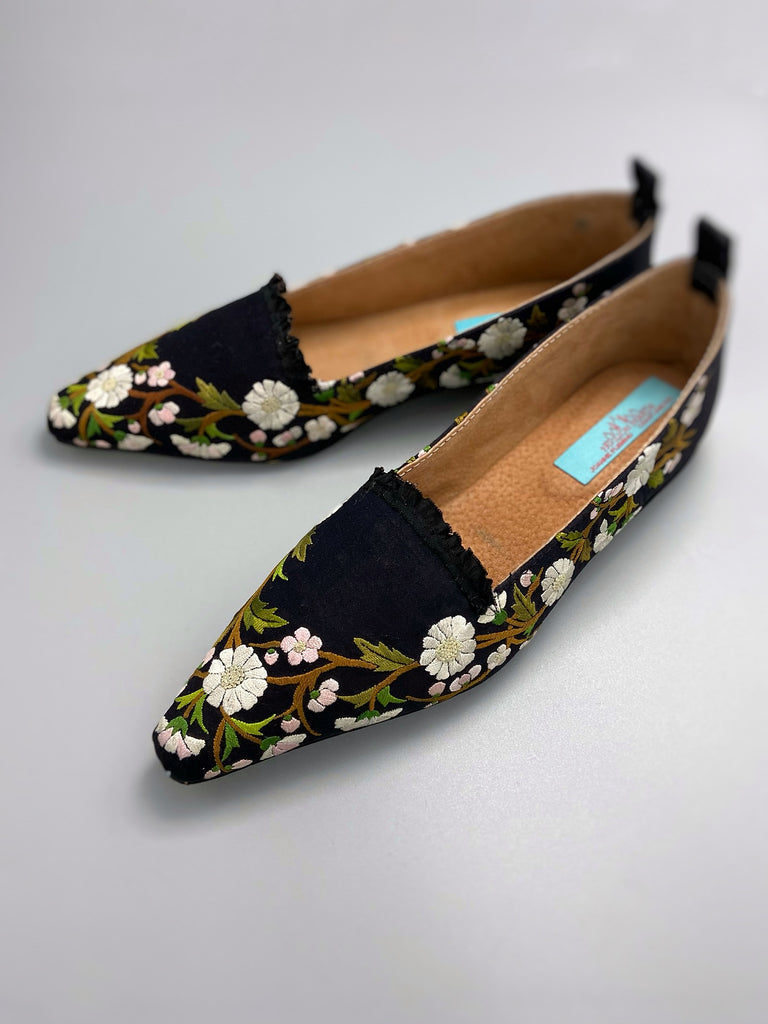 Embroidered daisy black silk satin pointed toe Regency dancing slippers. Bohemian shoes created from antique textiles by Pavilion Parade