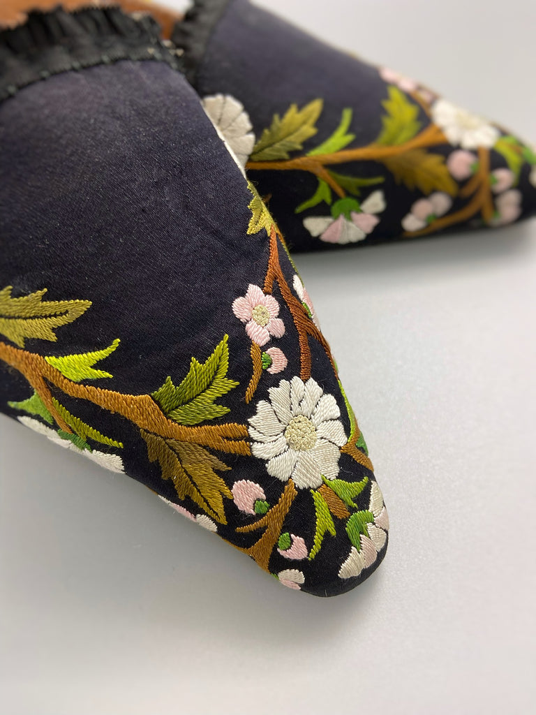 Embroidered daisy black silk satin pointed toe Regency dancing slippers. Bohemian shoes created from antique textiles by Pavilion Parade