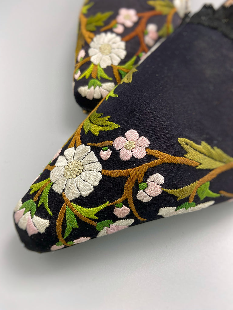 Embroidered daisy black silk satin pointed toe Regency dancing slippers. Bohemian shoes created from antique textiles by Pavilion Parade