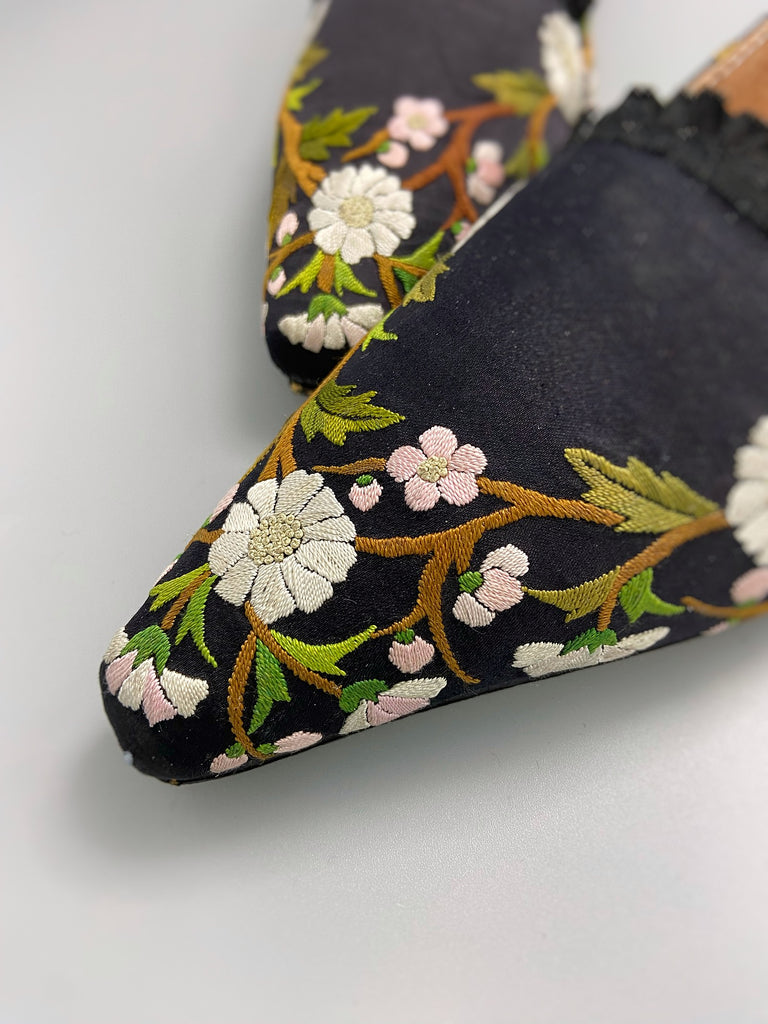 Embroidered daisy black silk satin pointed toe Regency dancing slippers. Bohemian shoes created from antique textiles by Pavilion Parade