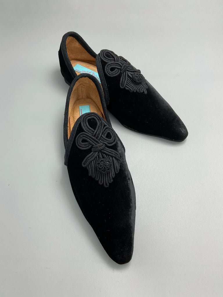 Black silk velvet pointed toe shoes with antique Victorian soutache braid embellishment by Pavilion Parade