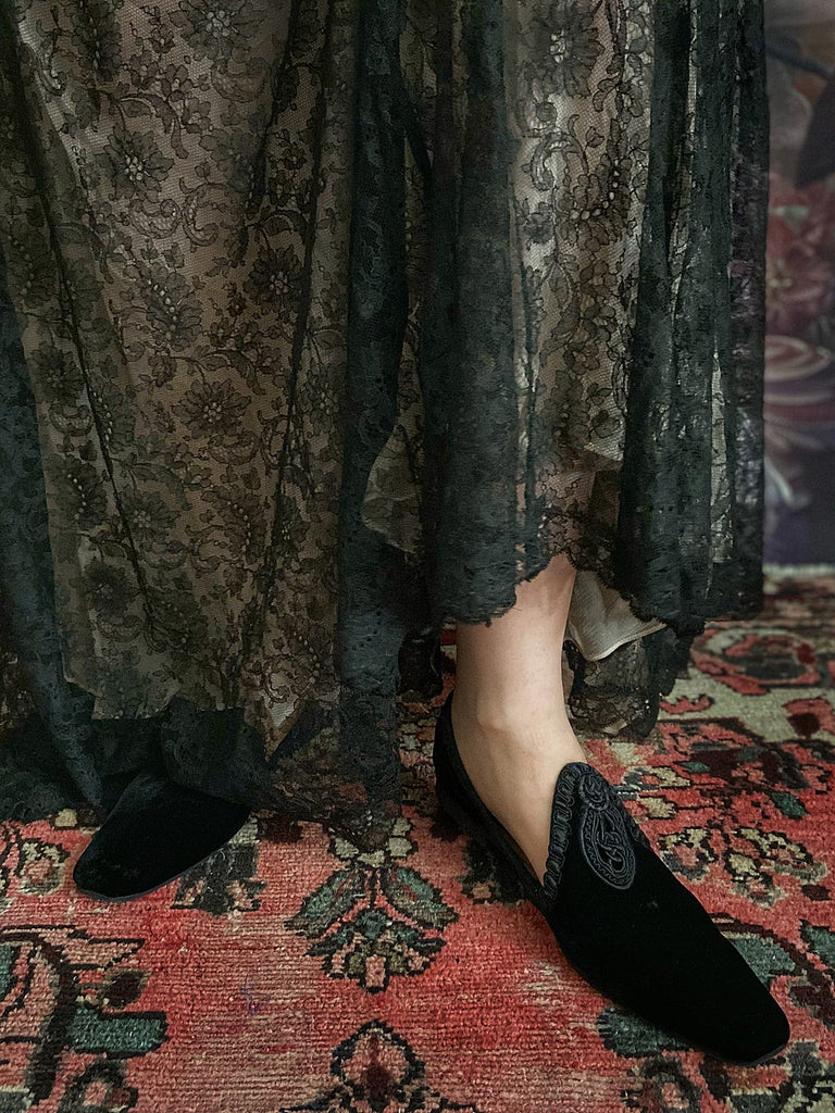 Verlaine silk velvet chisel toed bohemian shoes with antique soutache embellishment, from Pavilion Parade by Joanne Fleming Design
