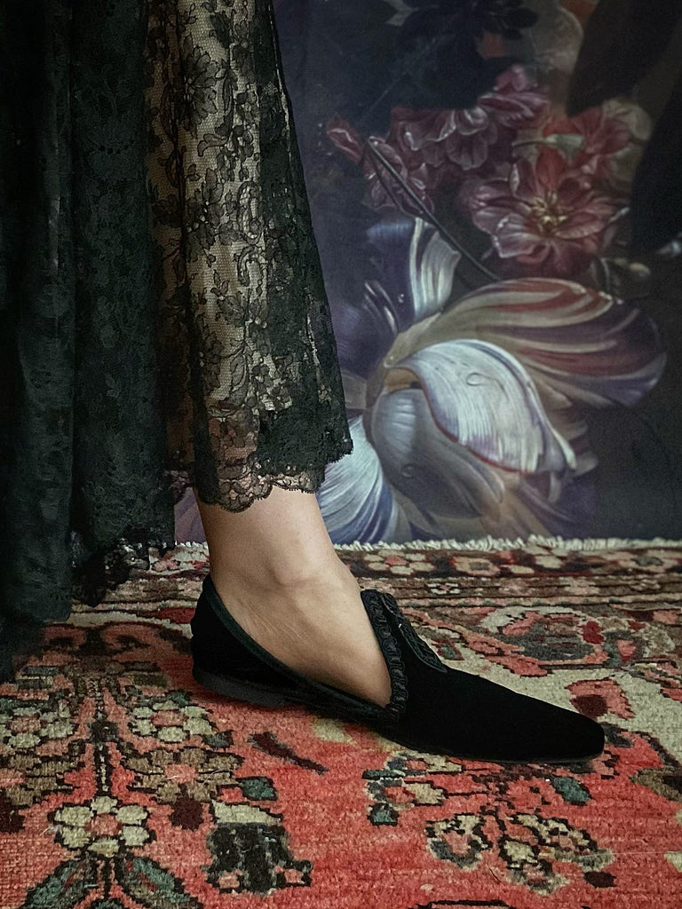 Verlaine silk velvet chisel toed bohemian shoes with antique soutache embellishment, from Pavilion Parade by Joanne Fleming Design