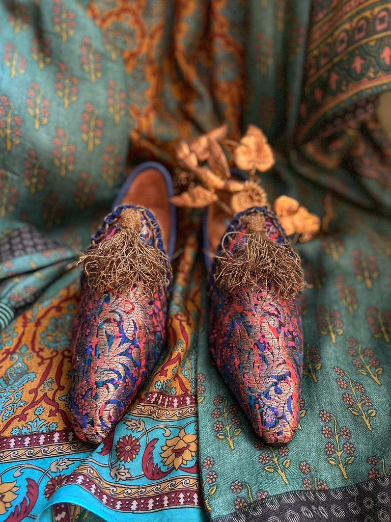 Pointed toe bohemian shoes created from1920s gold silk lamé , with gold ottoman tassels. By Pavilion Parade