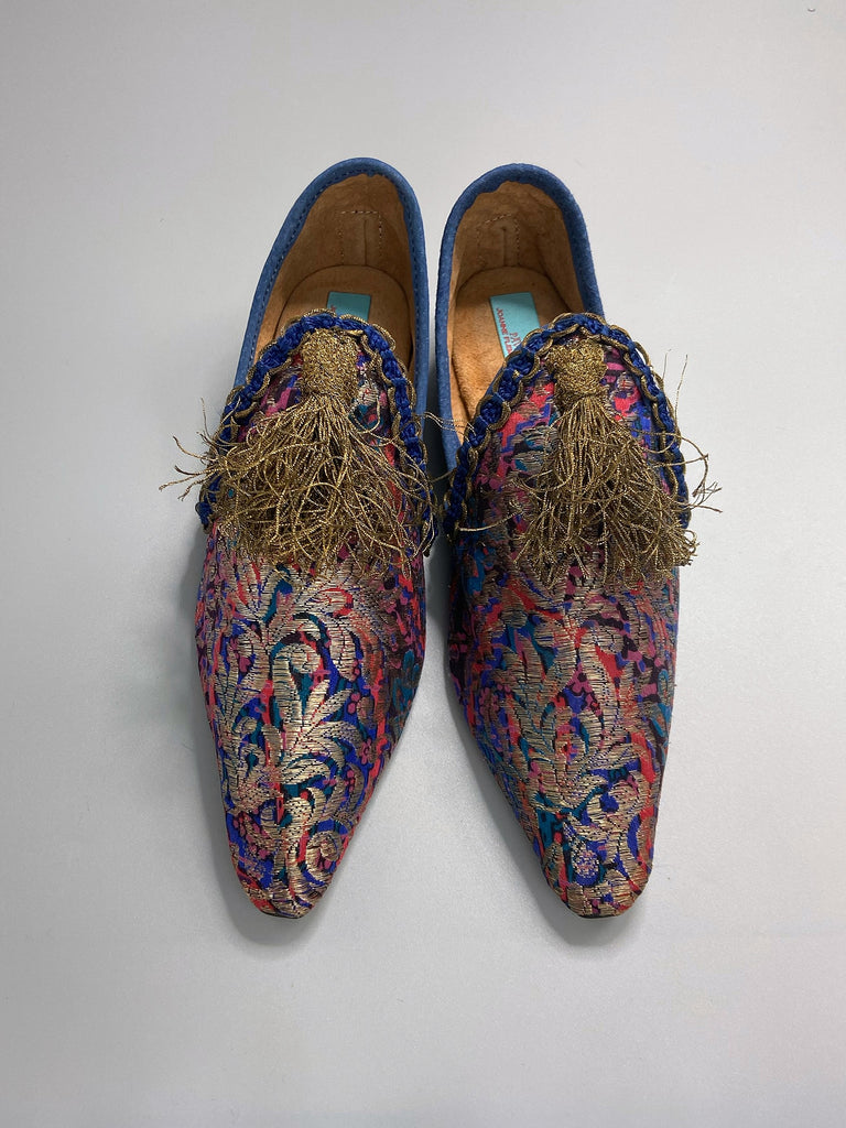 Pointed toe bohemian shoes created from1920s gold silk lamé , with gold ottoman tassels. By Pavilion Parade