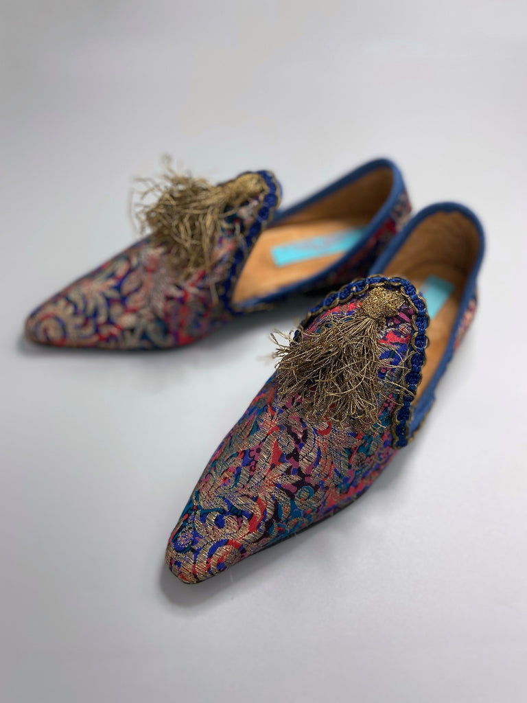 Pointed toe bohemian shoes created from1920s gold silk lamé , with gold ottoman tassels. By Pavilion Parade