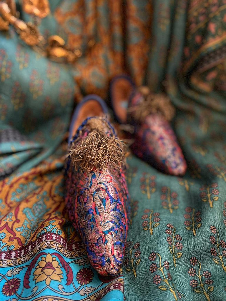 Pointed toe bohemian shoes created from1920s gold silk lamé , with gold ottoman tassels. By Pavilion Parade