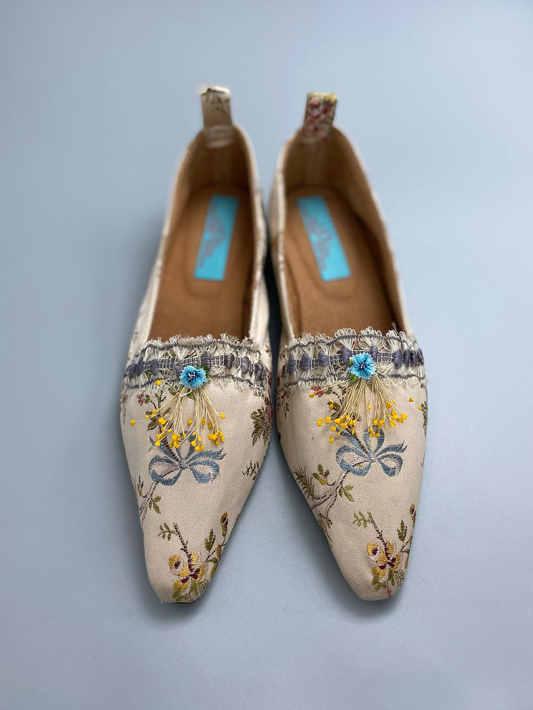 Pale blue and creamy blush silk brocade pointed toe Regency dancing slippers. Bohemian shoes created from antique textiles by Pavilion Parade
