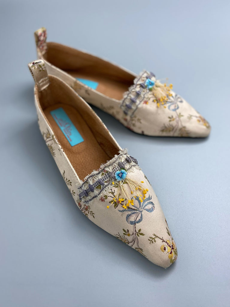 Pale blue and creamy blush silk brocade pointed toe Regency dancing slippers. Bohemian shoes created from antique textiles by Pavilion Parade