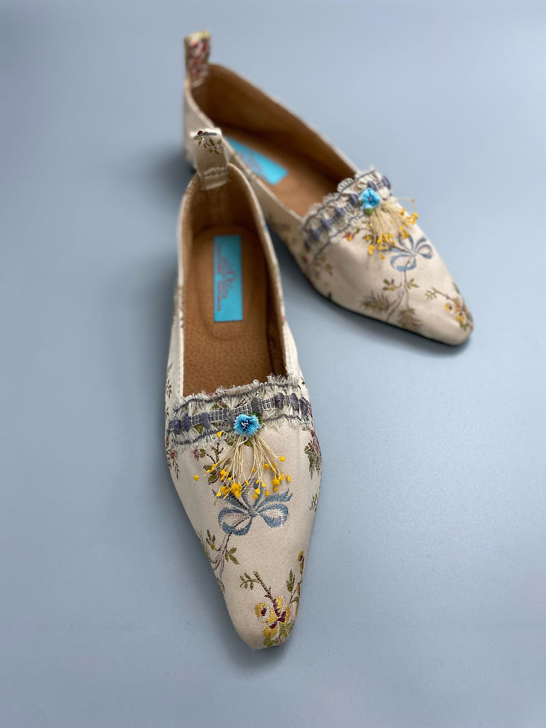 Pale blue and creamy blush silk brocade pointed toe Regency dancing slippers. Bohemian shoes created from antique textiles by Pavilion Parade