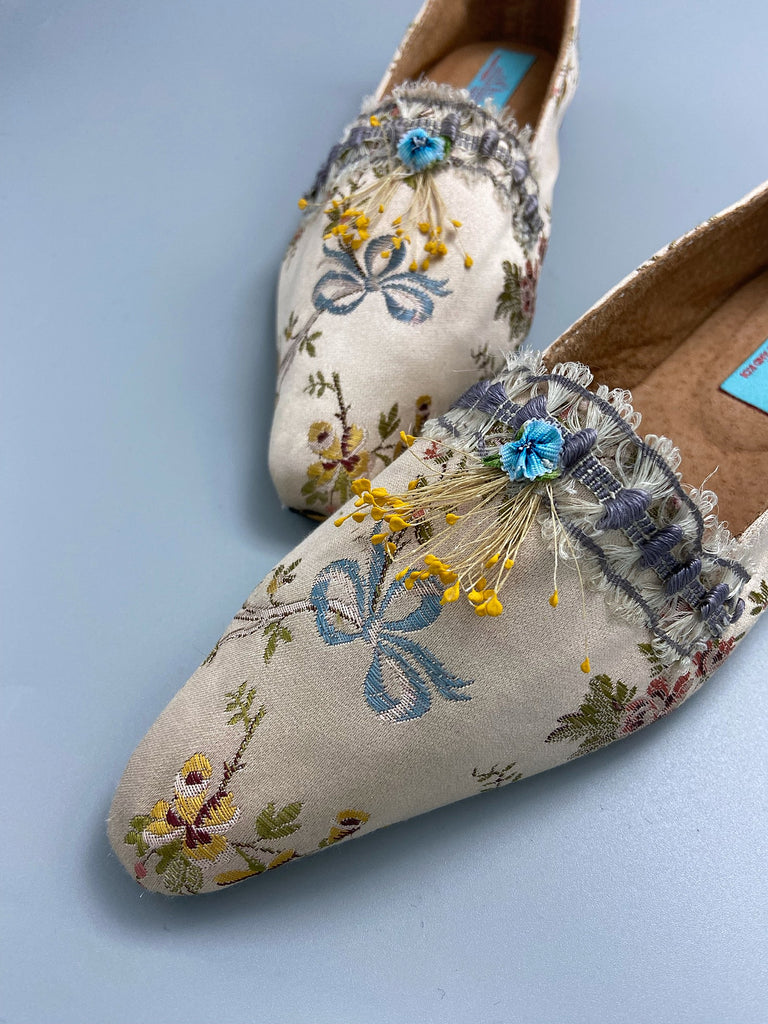 Pale blue and creamy blush silk brocade pointed toe Regency dancing slippers. Bohemian shoes created from antique textiles by Pavilion Parade