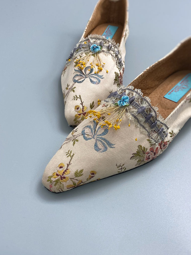 Pale blue and creamy blush silk brocade pointed toe Regency dancing slippers. Bohemian shoes created from antique textiles by Pavilion Parade