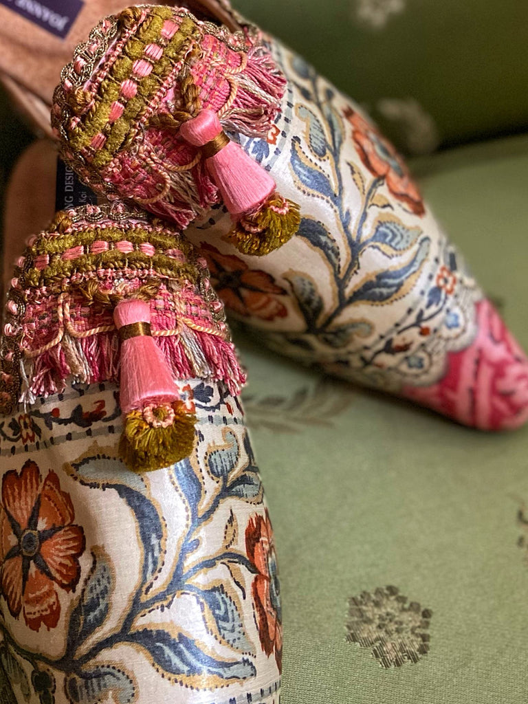 Pavilion Parade handmade shoes created from antique textiles,  available from Joanne Fleming Design. Antique French floral silk and 19th century passementerie create bohemian flat shoes in shades of pink and green chartreuse.