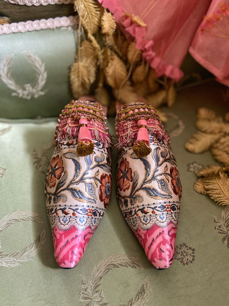 Pavilion Parade handmade shoes created from antique textiles,  available from Joanne Fleming Design. Antique French floral silk and 19th century passementerie create bohemian flat shoes in shades of pink and green chartreuse.