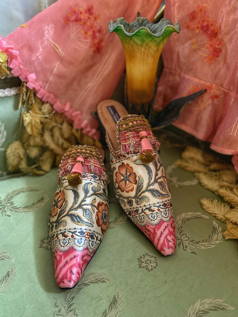 Pavilion Parade handmade shoes created from antique textiles,  available from Joanne Fleming Design. Antique French floral silk and 19th century passementerie create bohemian flat shoes in shades of pink and chartreuse and cream.