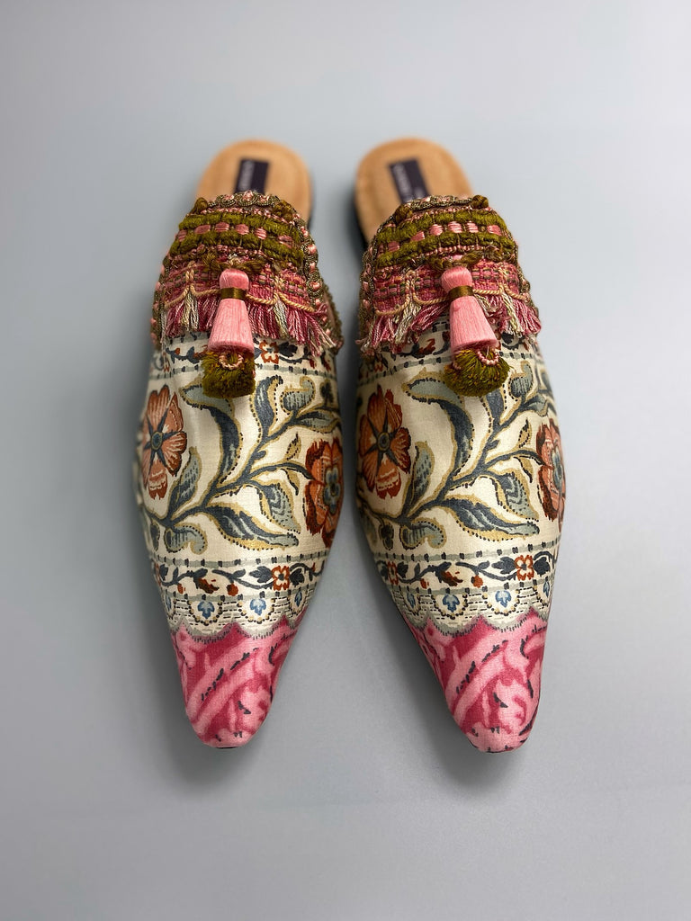 Pavilion Parade handmade shoes created from antique textiles,  available from Joanne Fleming Design. Antique French floral silk and 19th century passementerie create bohemian flat shoes in shades of pink and green chartreuse.