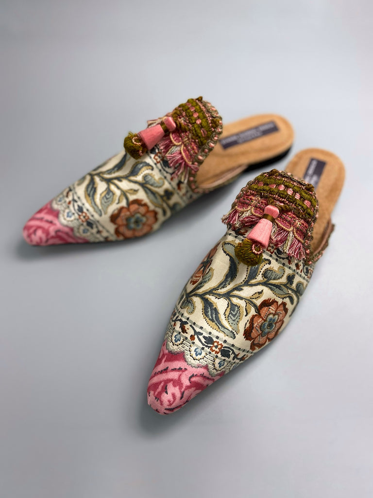 Pavilion Parade handmade shoes created from antique textiles,  available from Joanne Fleming Design. Antique French floral silk and 19th century passementerie create bohemian flat shoes in shades of pink and green chartreuse.