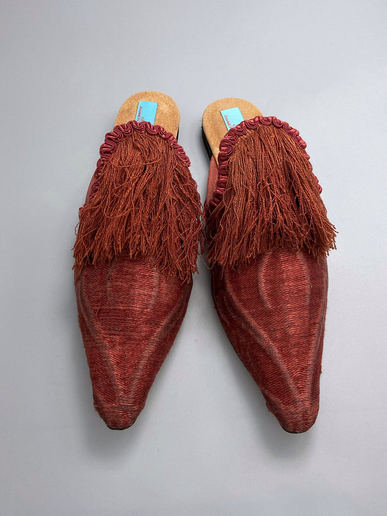 Bronze rust silk shoes with 17th century Florentine long tassel fringe embellishment, created from antique textiles by Pavilion Parade