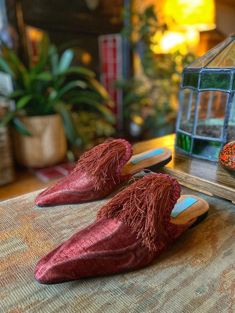 Bronze rust silk shoes with 17th century Florentine long tassel fringe embellishment, created from antique textiles by Pavilion Parade