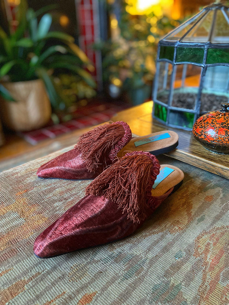 Bronze rust silk shoes with 17th century Florentine long tassel fringe embellishment, created from antique textiles by Pavilion Parade