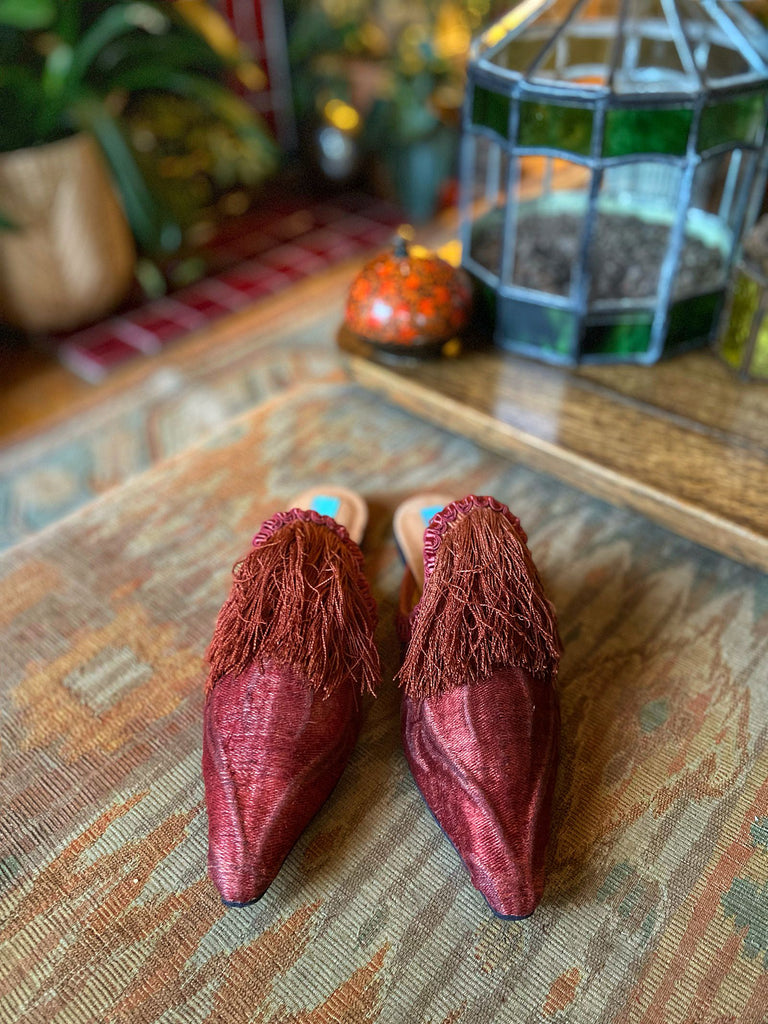 Bronze rust silk shoes with 17th century Florentine long tassel fringe embellishment, created from antique textiles by Pavilion Parade