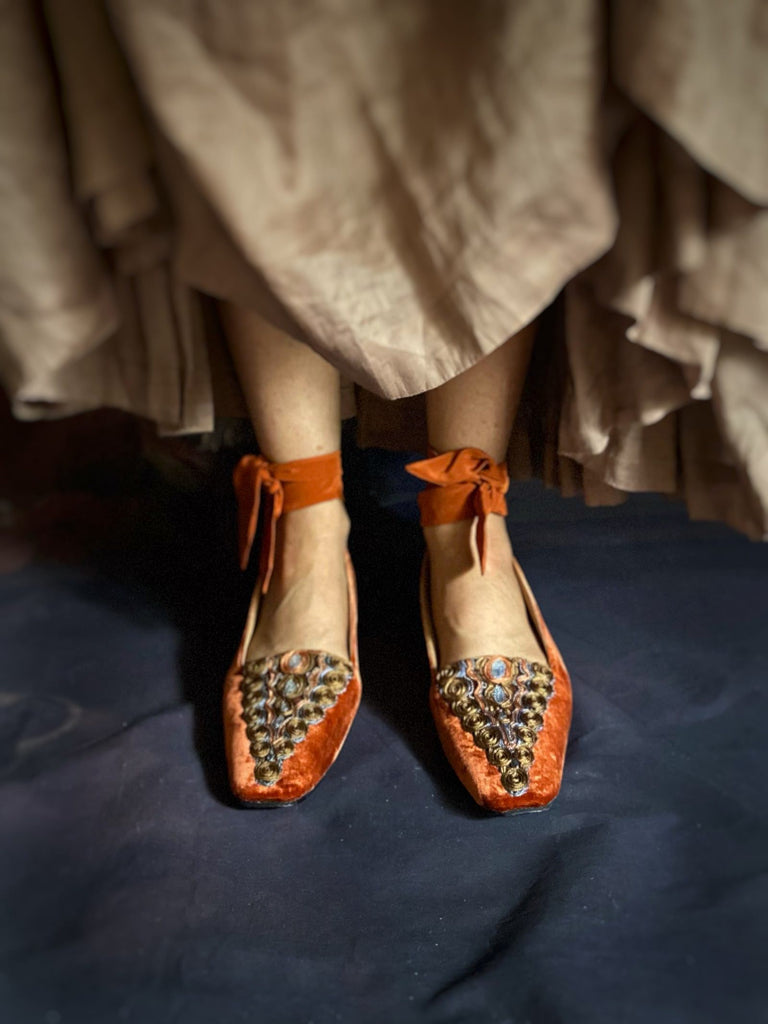 Paprika Deco Velvet Square Toed Flat Shoes by Pavilion Parade in spicy burnt orange shades with Art Deco embellishment